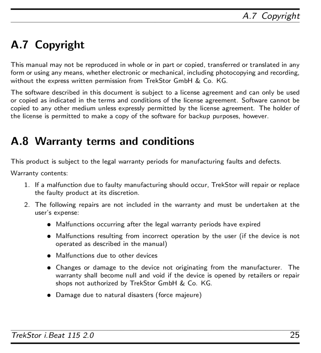 TrekStor 115 manual Copyright, Warranty terms and conditions 