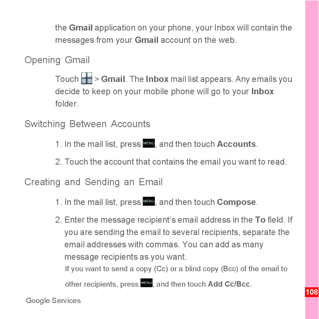 TrekStor Android 2.1 operating instructions Opening Gmail, Switching Between Accounts, Creating and Sending an Email 