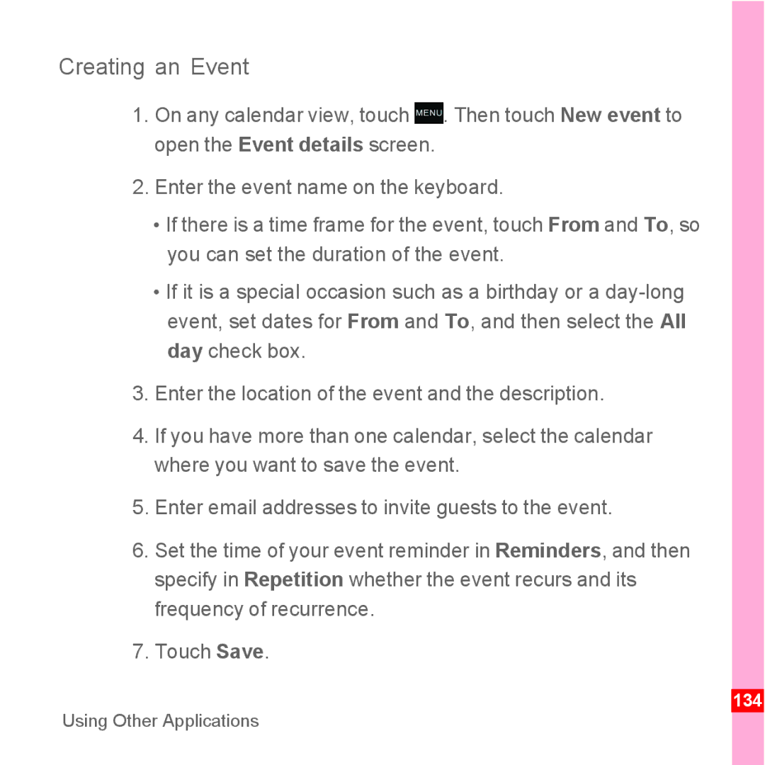 TrekStor Android 2.1 operating instructions Creating an Event, 134 