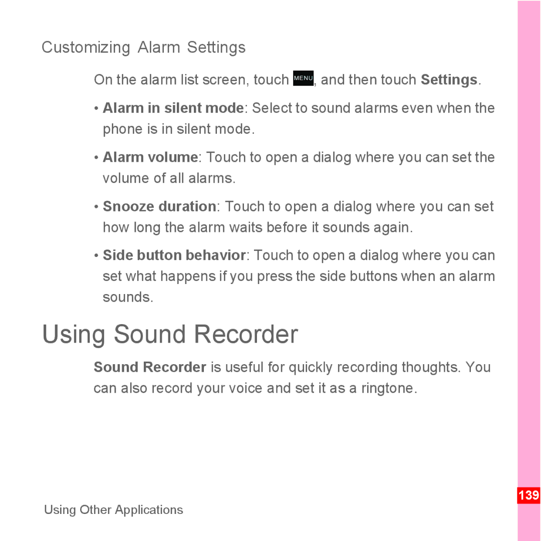 TrekStor Android 2.1 operating instructions Using Sound Recorder, Customizing Alarm Settings 