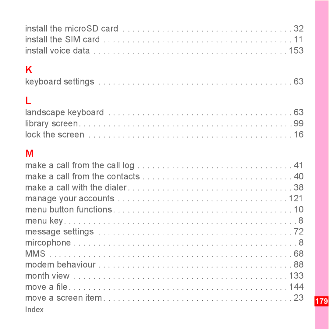 TrekStor Android 2.1 operating instructions Keyboard settings, Make a call from the call log, 121, 133, 144 