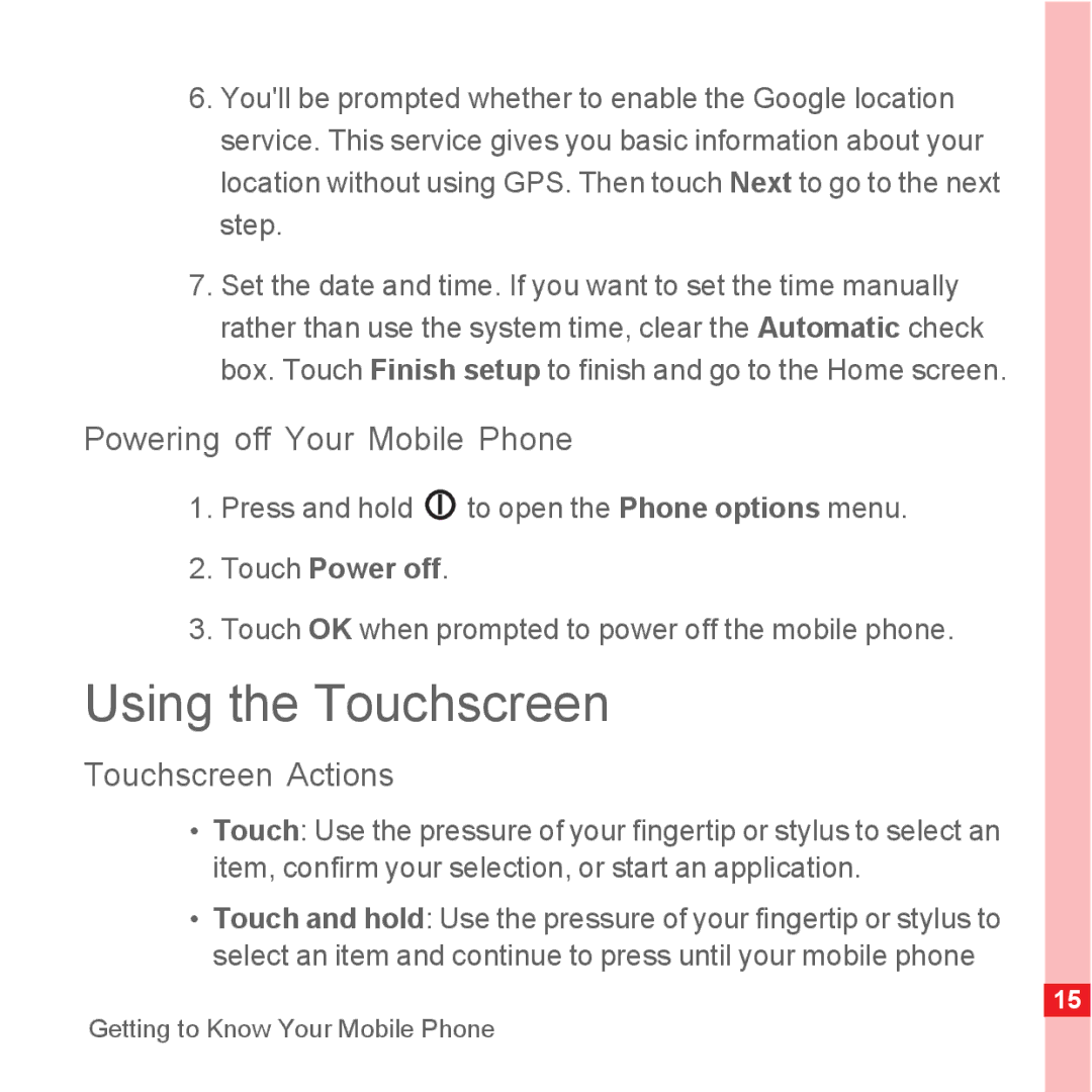 TrekStor Android 2.1 Using the Touchscreen, Powering off Your Mobile Phone, Touchscreen Actions, Touch Power off 