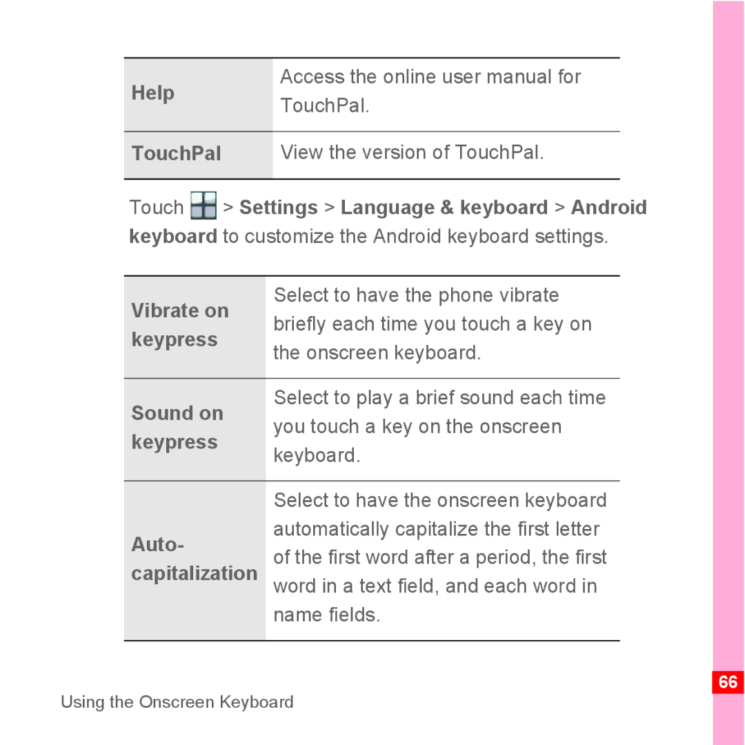 TrekStor Android 2.1 Help TouchPal TouchPal View the version of TouchPal, Vibrate on, Keypress, Sound on 