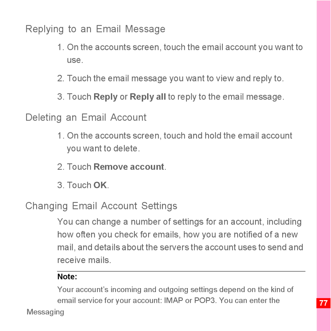 TrekStor Android 2.1 Replying to an Email Message, Deleting an Email Account, Changing Email Account Settings, Touch OK 