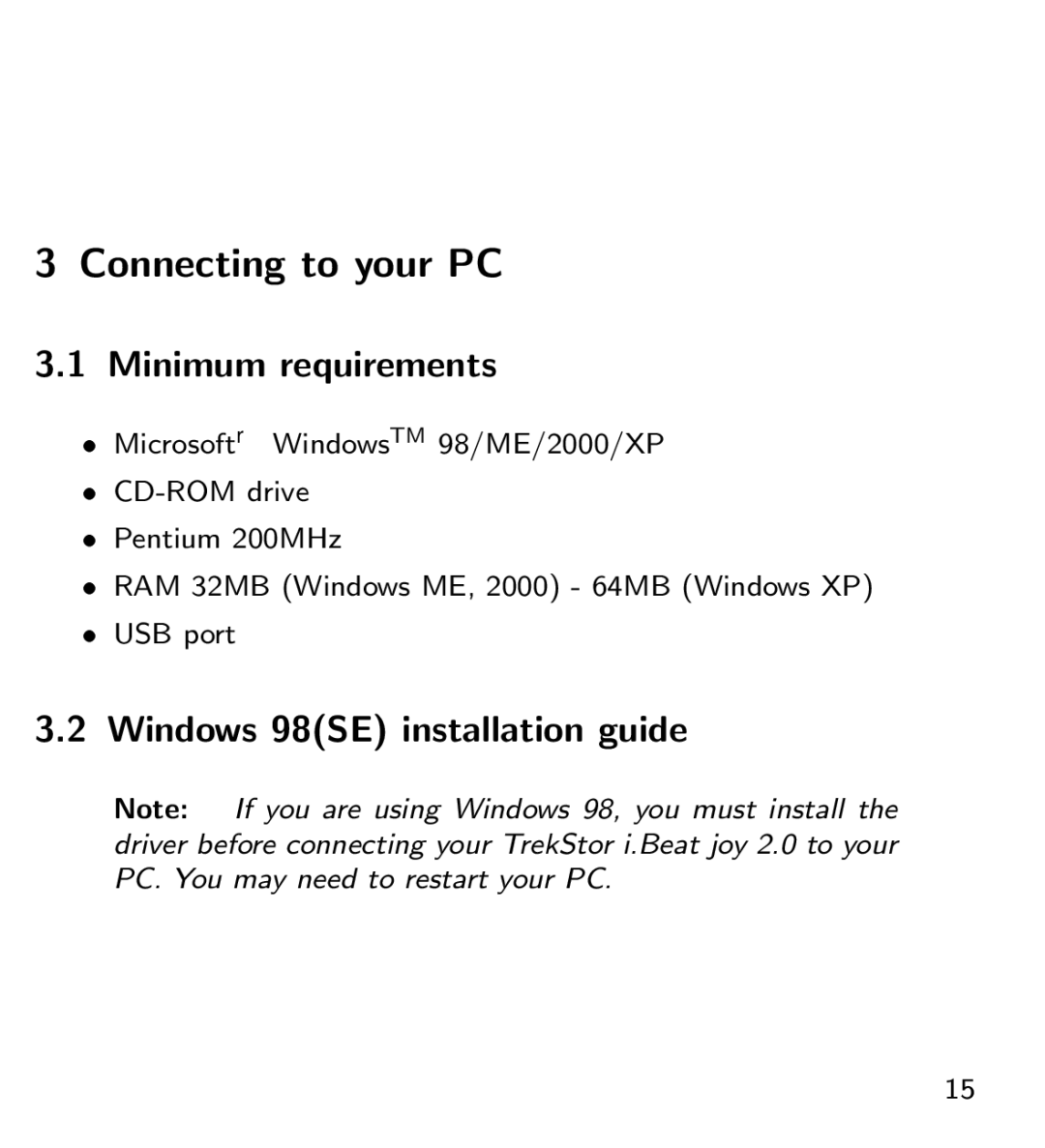 TrekStor i.Beat joy 2.0 manual Connectingrto your PC, Minimum requirements, Windows 98SE installation guide 