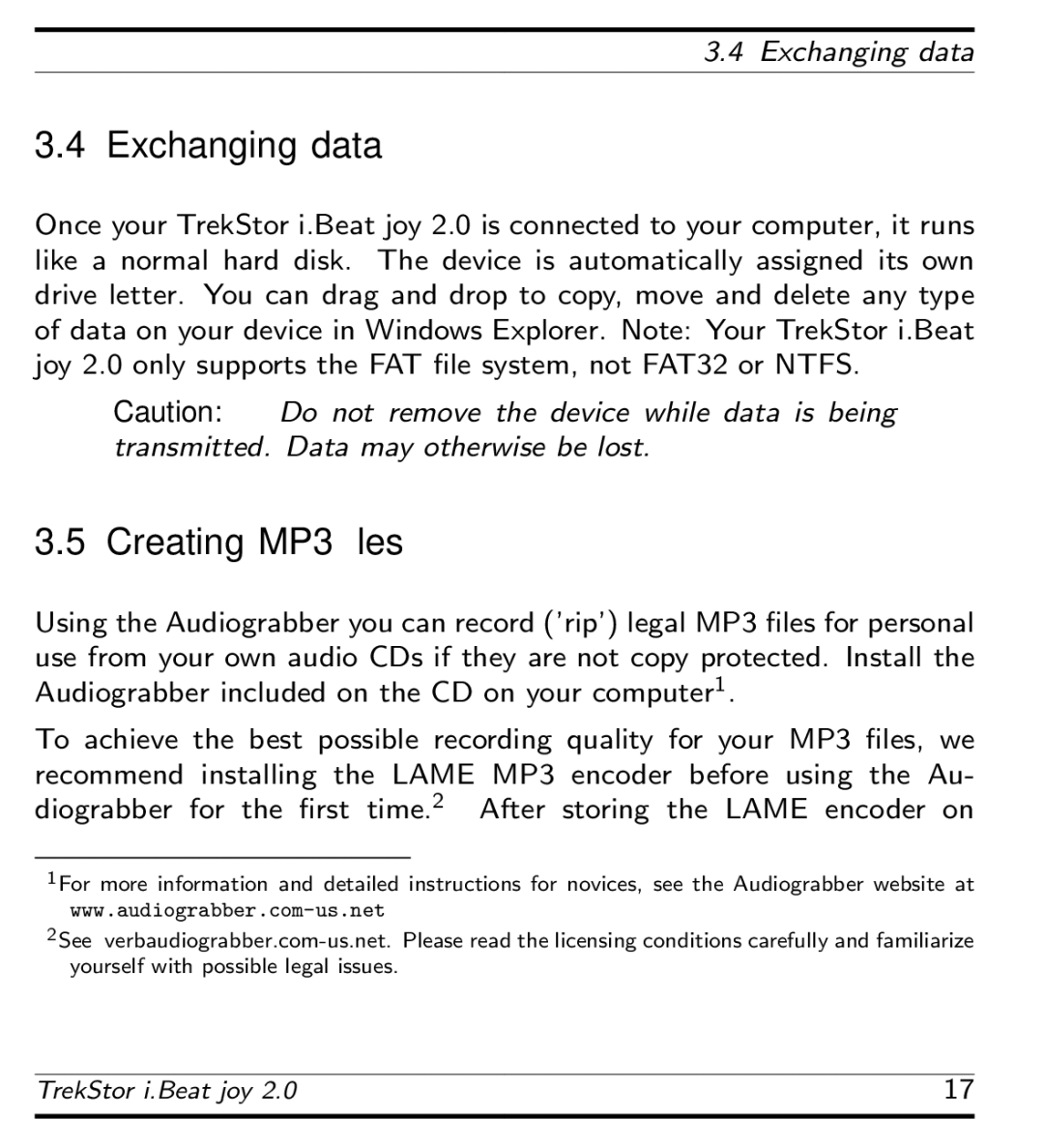 TrekStor i.Beat joy 2.0 manual Exchanging data, Creating MP3 ﬁles 