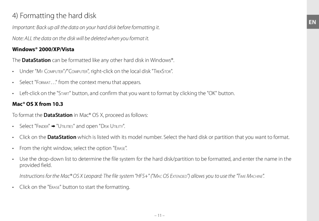 TrekStor maxi g.u Formatting the hard disk, Mac OS X from, From the right window, select the option Erase, Provided field 