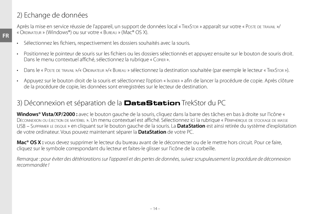 TrekStor maxi g.u manual Echange de données, Déconnexion et séparation de la DataStation TrekStor du PC 