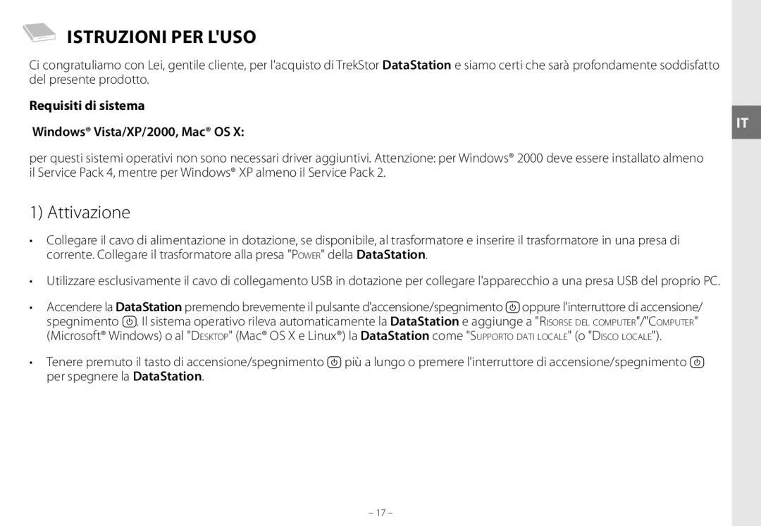 TrekStor maxi g.u manual Istruzioni PER Luso, Attivazione, Requisiti di sistema Windows Vista/XP/2000, Mac OS 