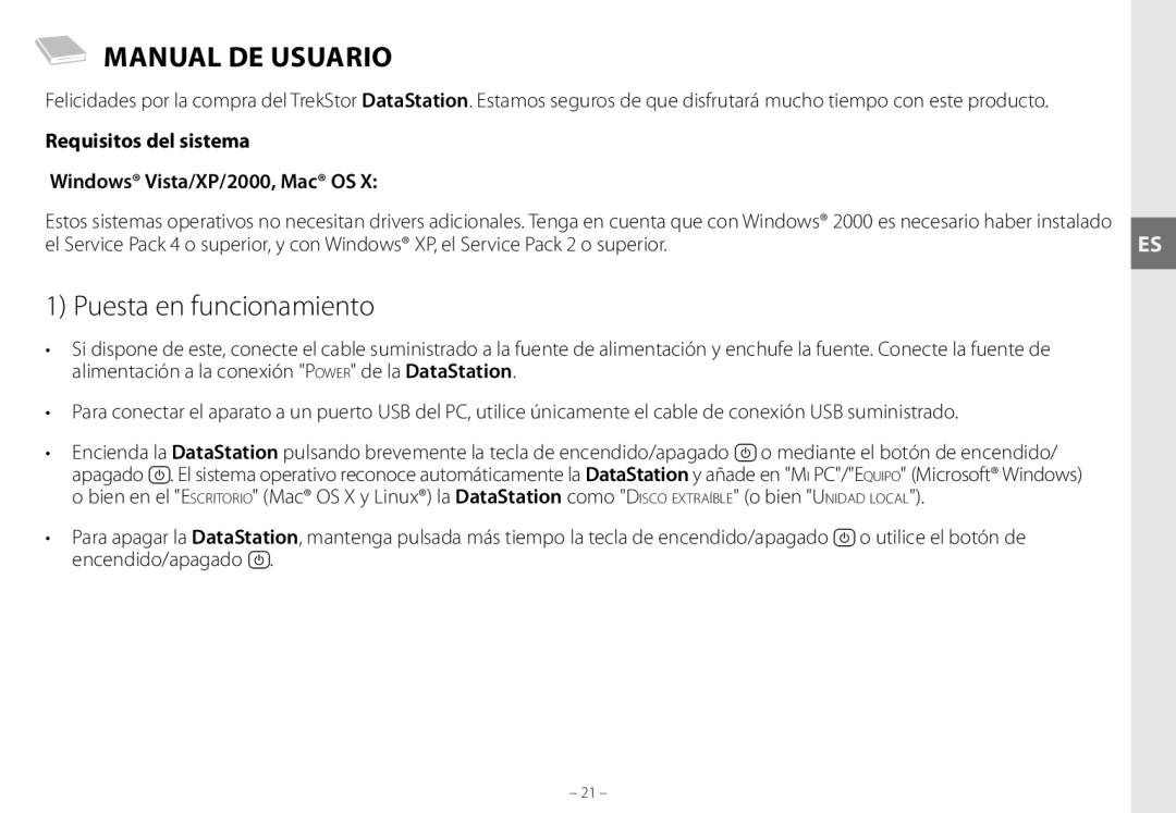 TrekStor maxi g.u manual Manual DE Usuario, Puesta en funcionamiento, Requisitos del sistema Windows Vista/XP/2000, Mac OS 