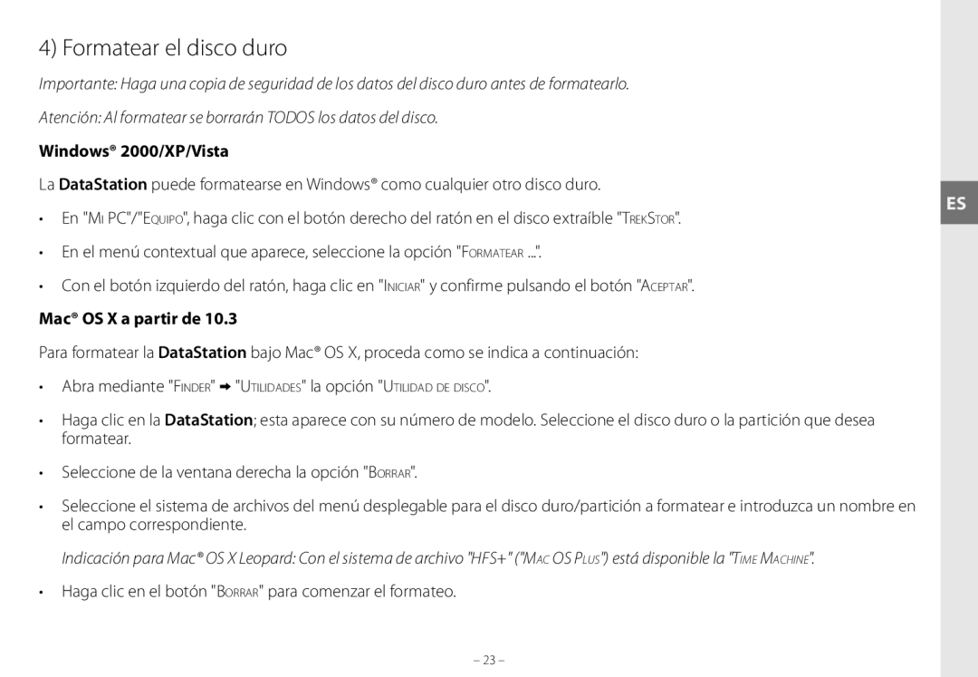 TrekStor maxi g.u Formatear el disco duro, Mac OS X a partir de, Haga clic en el botón Borrar para comenzar el formateo 