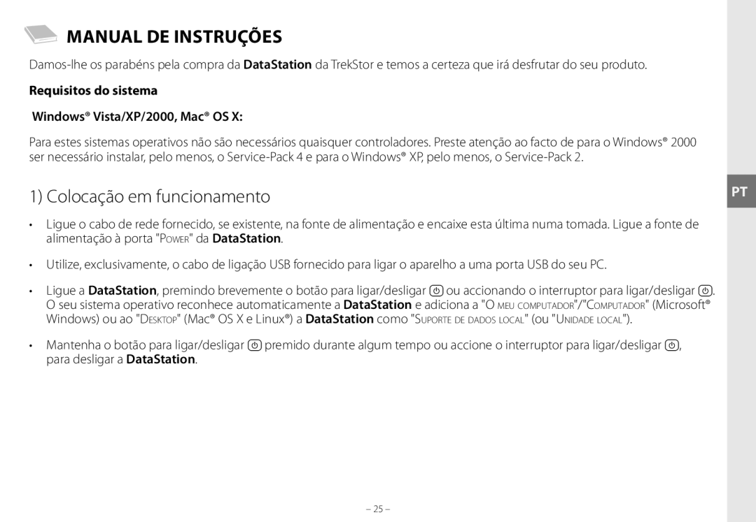 TrekStor maxi g.u manual Manual DE Instruções, Requisitos do sistema Windows Vista/XP/2000, Mac OS 