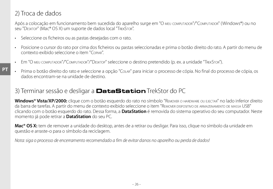 TrekStor maxi g.u manual Troca de dados, Terminar sessão e desligar a DataStation TrekStor do PC 