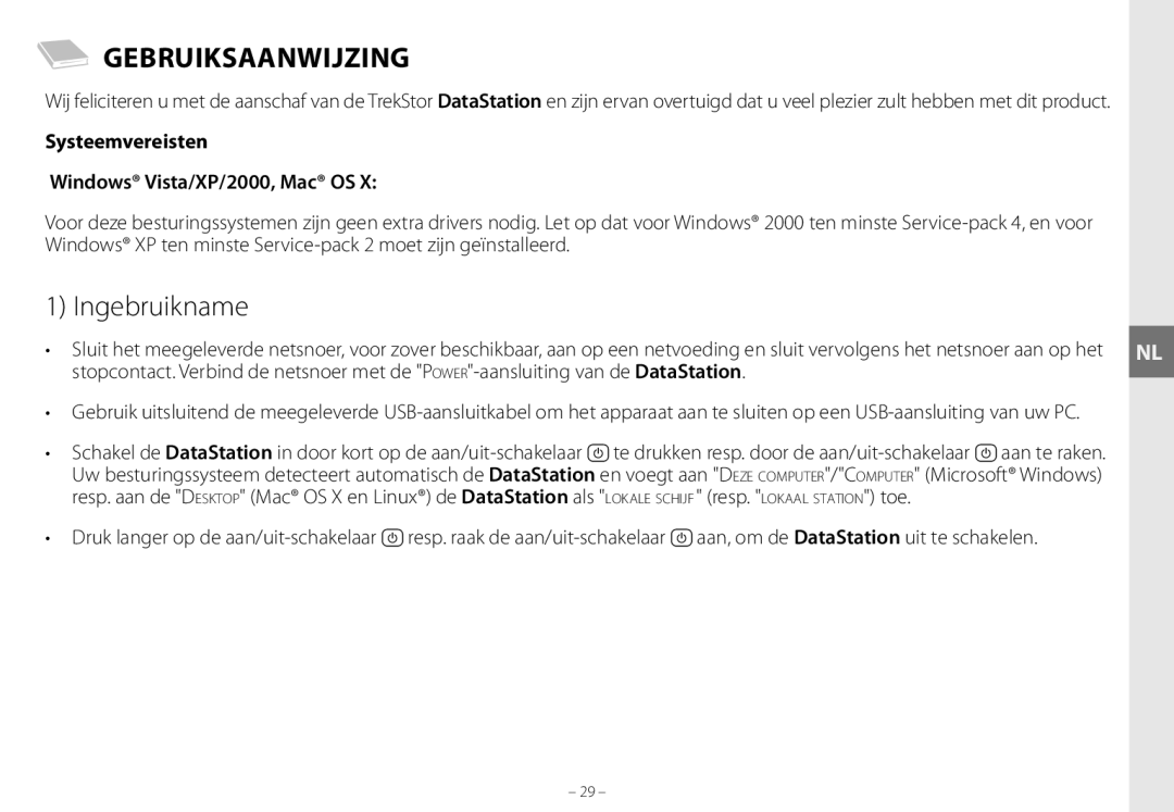 TrekStor maxi g.u manual Gebruiksaanwijzing, Ingebruikname, Systeemvereisten Windows Vista/XP/2000, Mac OS 