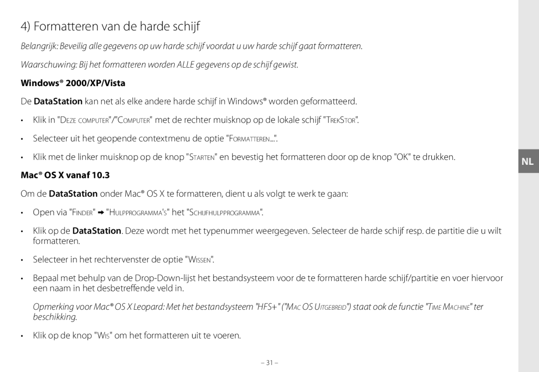 TrekStor maxi g.u manual Formatteren van de harde schijf, Klik op de knop Wis om het formatteren uit te voeren 