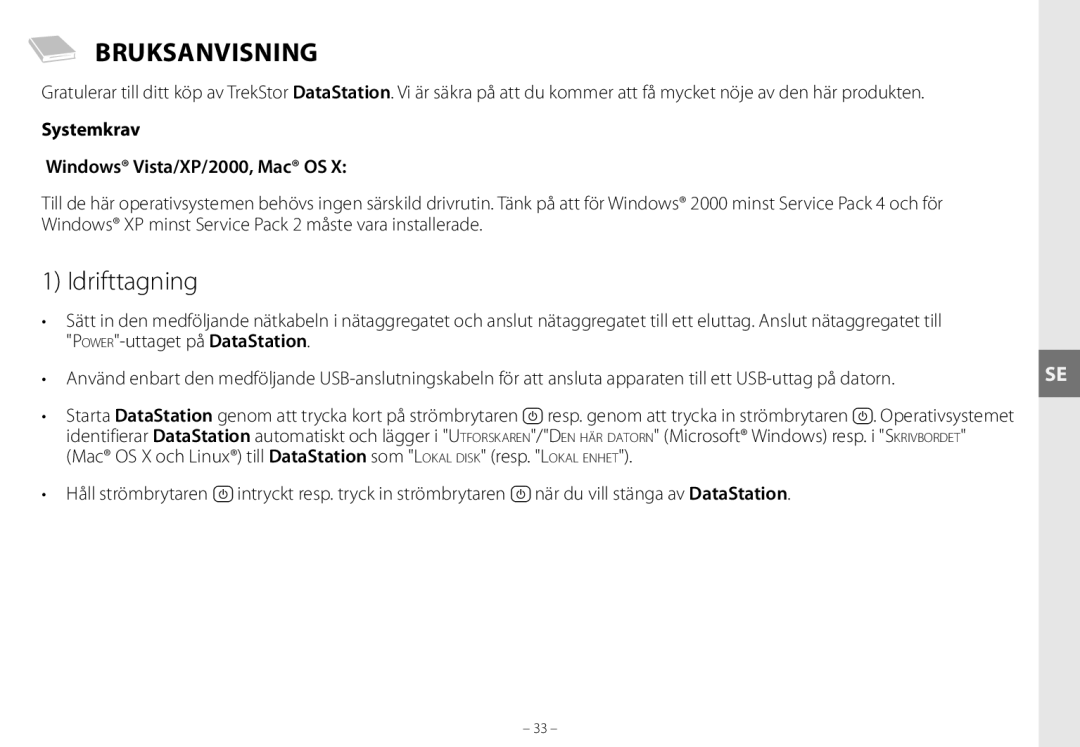 TrekStor maxi g.u manual Bruksanvisning, Idrifttagning, Systemkrav Windows Vista/XP/2000, Mac OS 