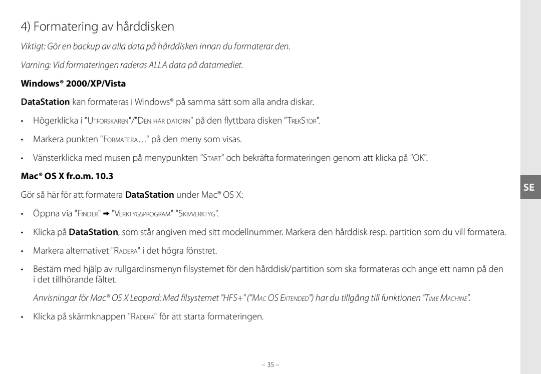 TrekStor maxi g.u manual Formatering av hårddisken, Mac OS X fr.o.m, Gör så här för att formatera DataStation under Mac OS 