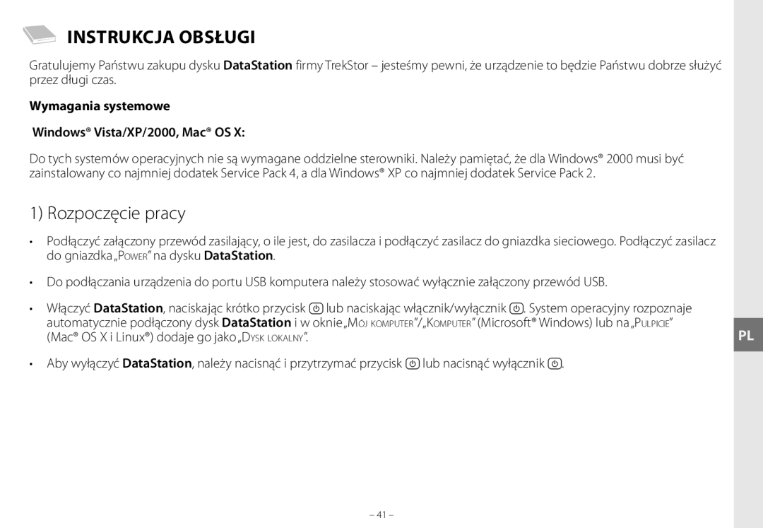 TrekStor maxi g.u manual Instrukcja Obsługi, Rozpoczęcie pracy, Wymagania systemowe Windows Vista/XP/2000, Mac OS 