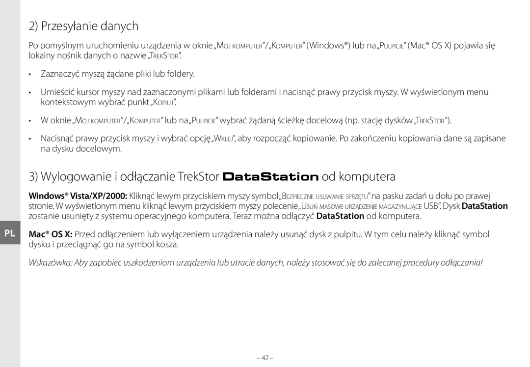 TrekStor maxi g.u manual Przesyłanie danych, Wylogowanie i odłączanie TrekStor DataStation od komputera 