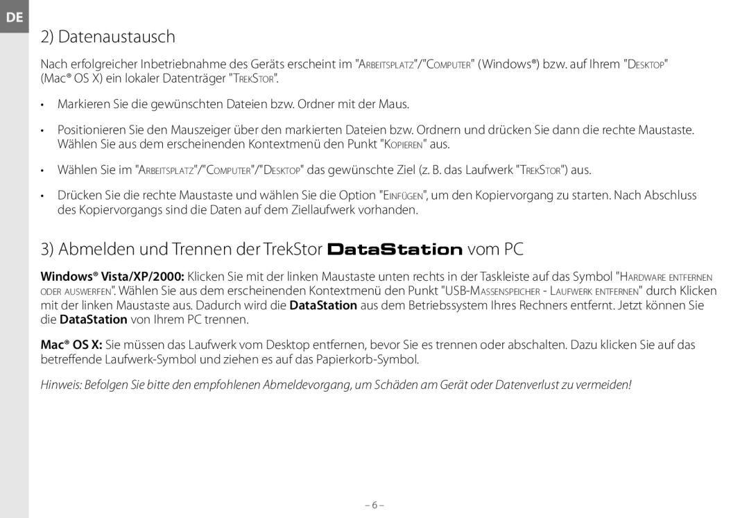 TrekStor maxi g.u manual Datenaustausch, Abmelden und Trennen der TrekStor DataStation vom PC 