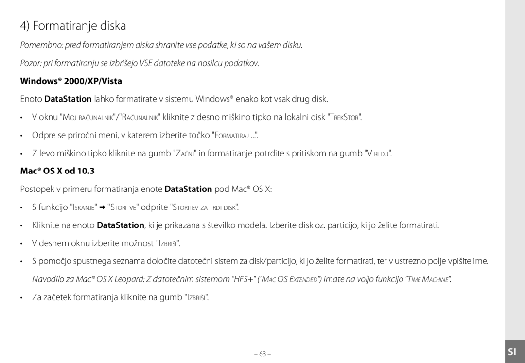 TrekStor maxi g.u manual Formatiranje diska, Mac OS X od, Desnem oknu izberite možnost Izbriši 