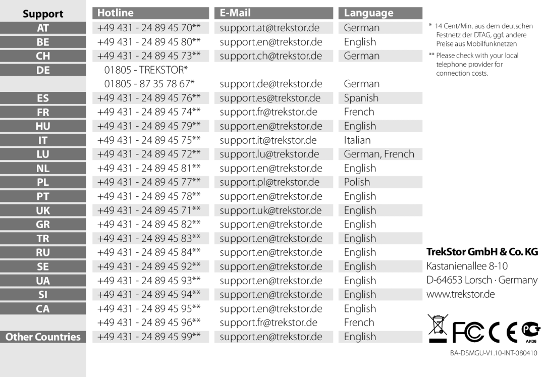 TrekStor maxi g.u manual Support 