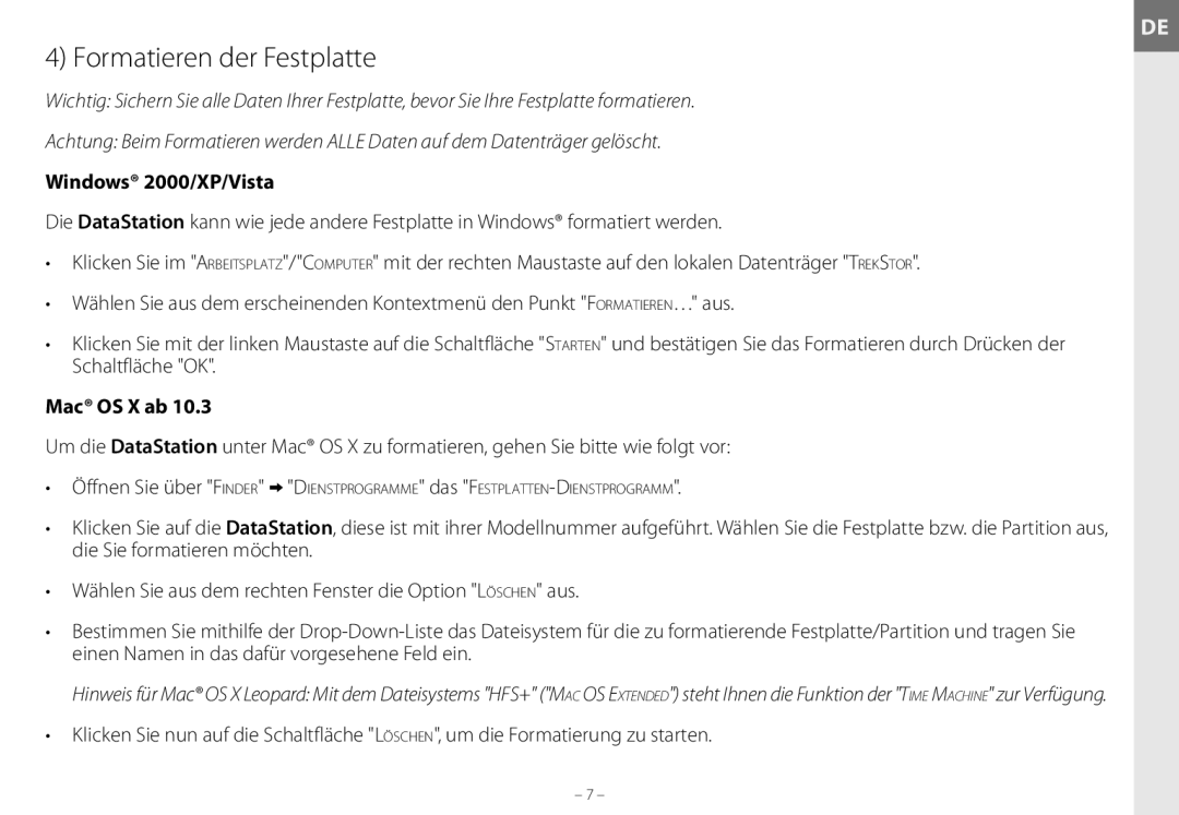 TrekStor maxi g.u manual Formatieren der Festplatte, Windows 2000/XP/Vista, Mac OS X ab 