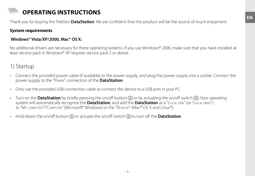 TrekStor maxi g.u manual Operating Instructions, Startup, System requirements Windows Vista/XP/2000, Mac OS 