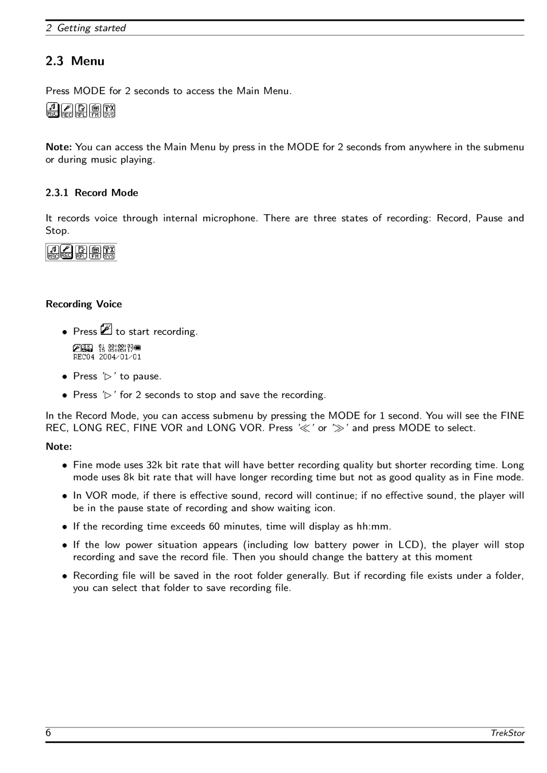 TrekStor MusicStick 100 manual Menu, Getting started 