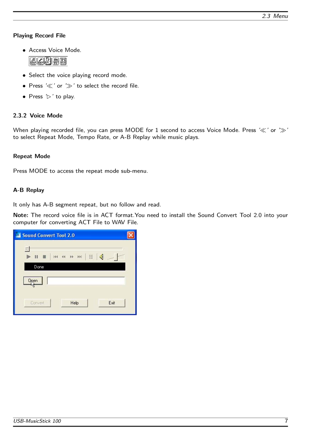 TrekStor MusicStick 100 manual Voice Mode 