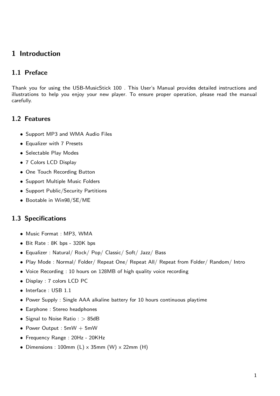 TrekStor MusicStick 100 manual Introduction, Preface, Features, Speciﬁcations 