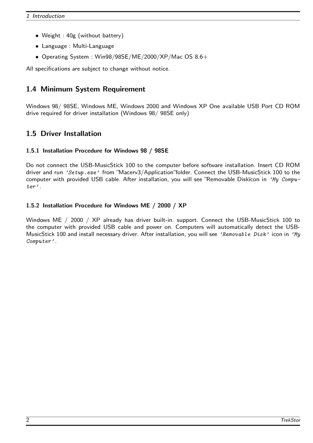 TrekStor MusicStick 100 manual Minimum System Requirement, Driver Installation 
