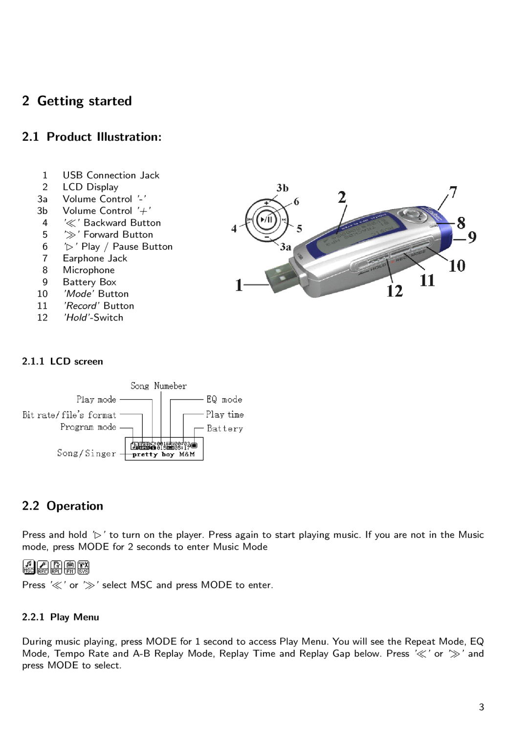 TrekStor MusicStick 100 manual Getting started, Product Illustration, Operation 