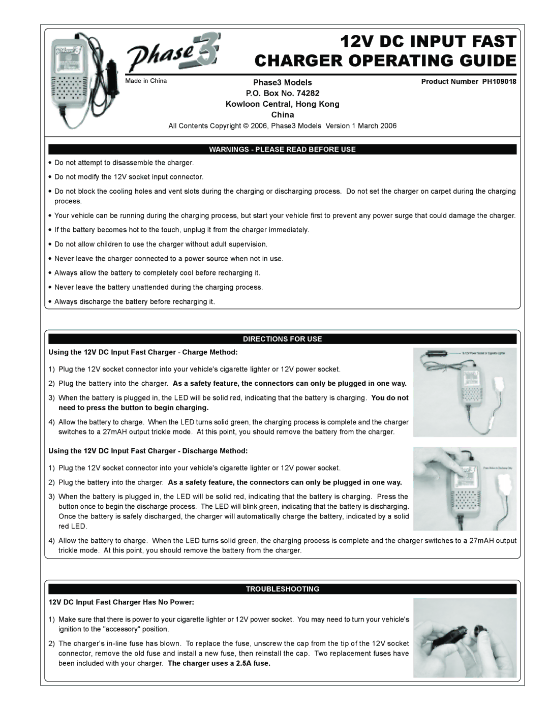 TrekStor PH109018 manual 12V DC Input Fast Charger Operating Guide, Phase3 Models, Box No Kowloon Central, Hong Kong China 