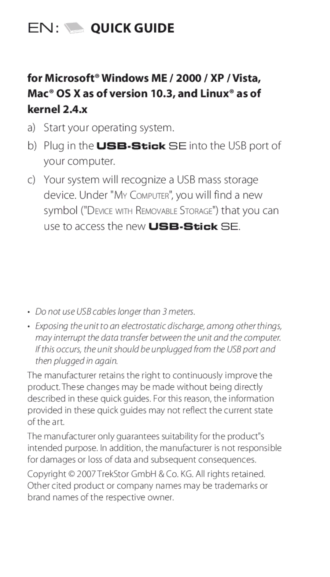 TrekStor SE manual EN Quick guide, Do not use USB cables longer than 3 meters 