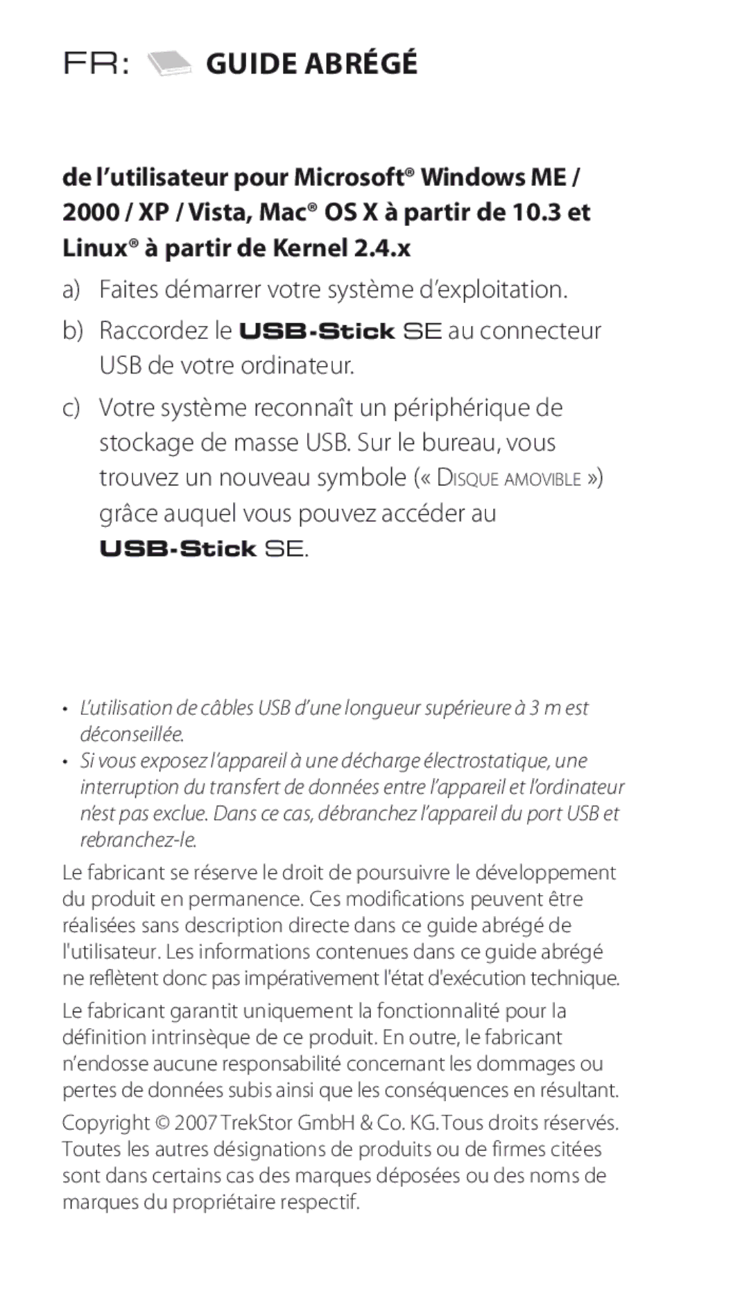 TrekStor manual FR Guide abrégé, USB-Stick SE 