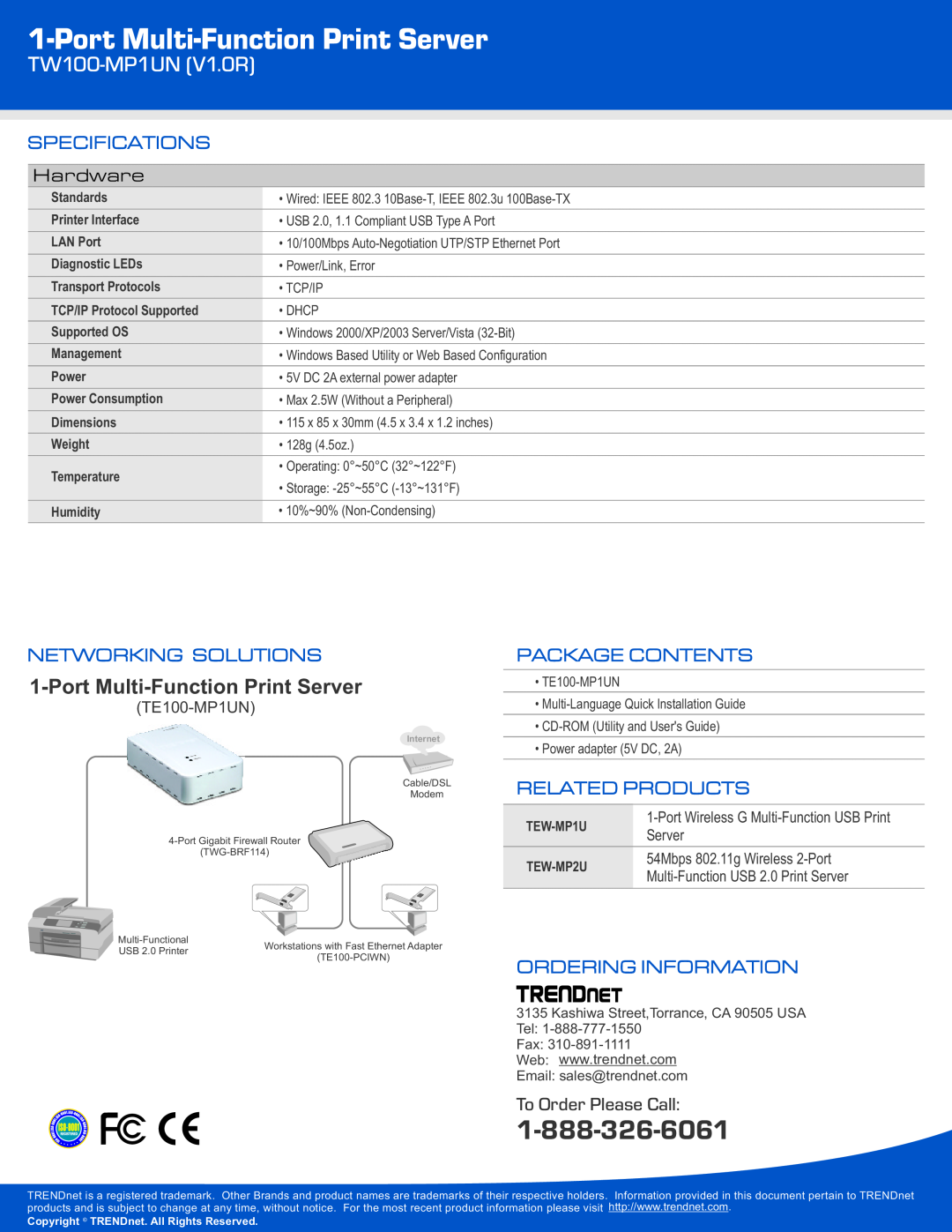 TRENDnet TE100-MP1UN Port Multi-Function Print Server, TW100-MP1UN V1.0R, Specifications, Hardware, Networking Solutions 