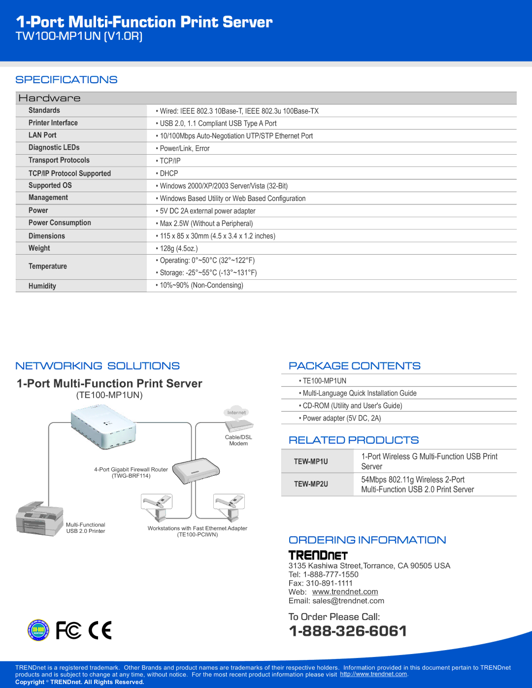 TRENDnet TE100-MP1UN Specifications, Networking Solutions, Package Contents, Related Products, Ordering Information 