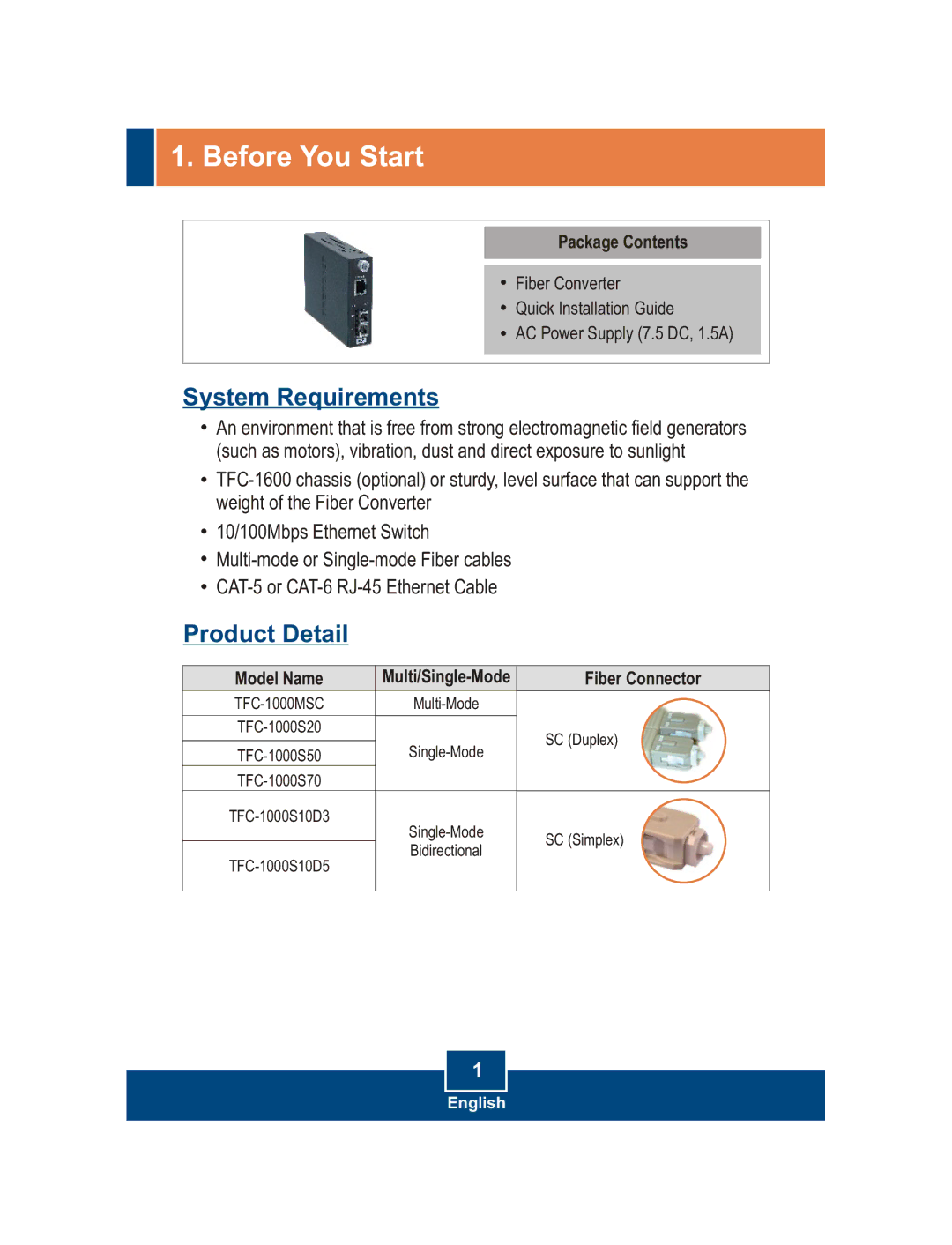 TRENDnet 1000 Base-SX/LX manual Before You Start, System Requirements, Product Detail 