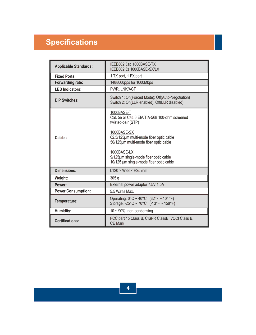 TRENDnet 1000 Base-SX/LX manual Specifications, DIP Switches 