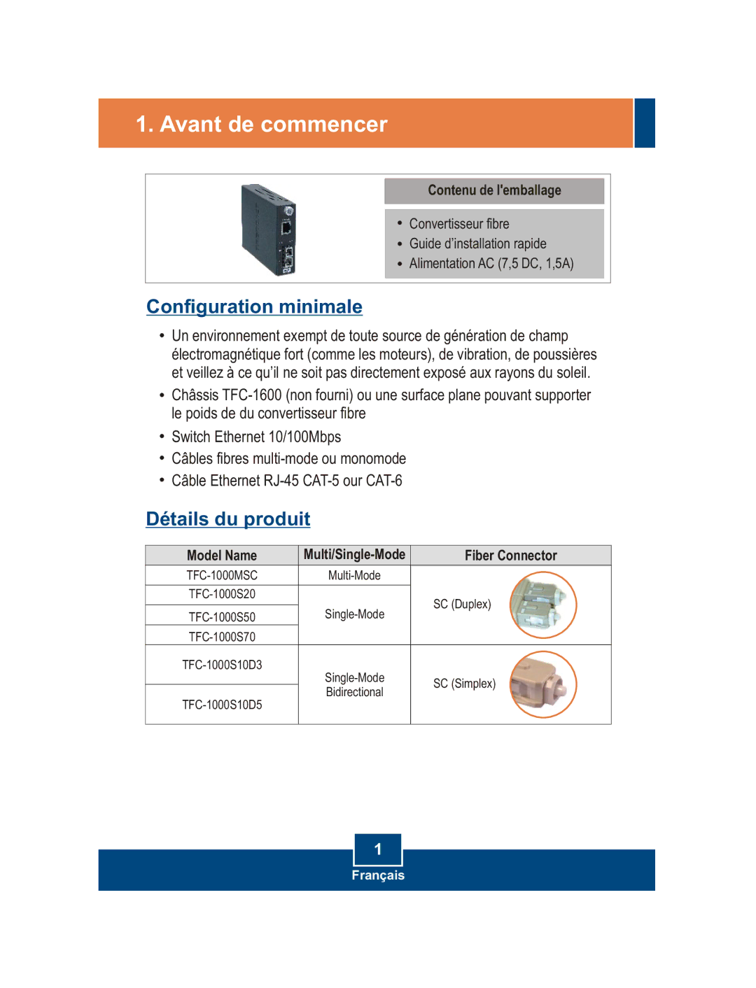 TRENDnet 1000BASE-LX, 1000BASE-SX manual Avant de commencer, Configuration minimale, Détails du produit 