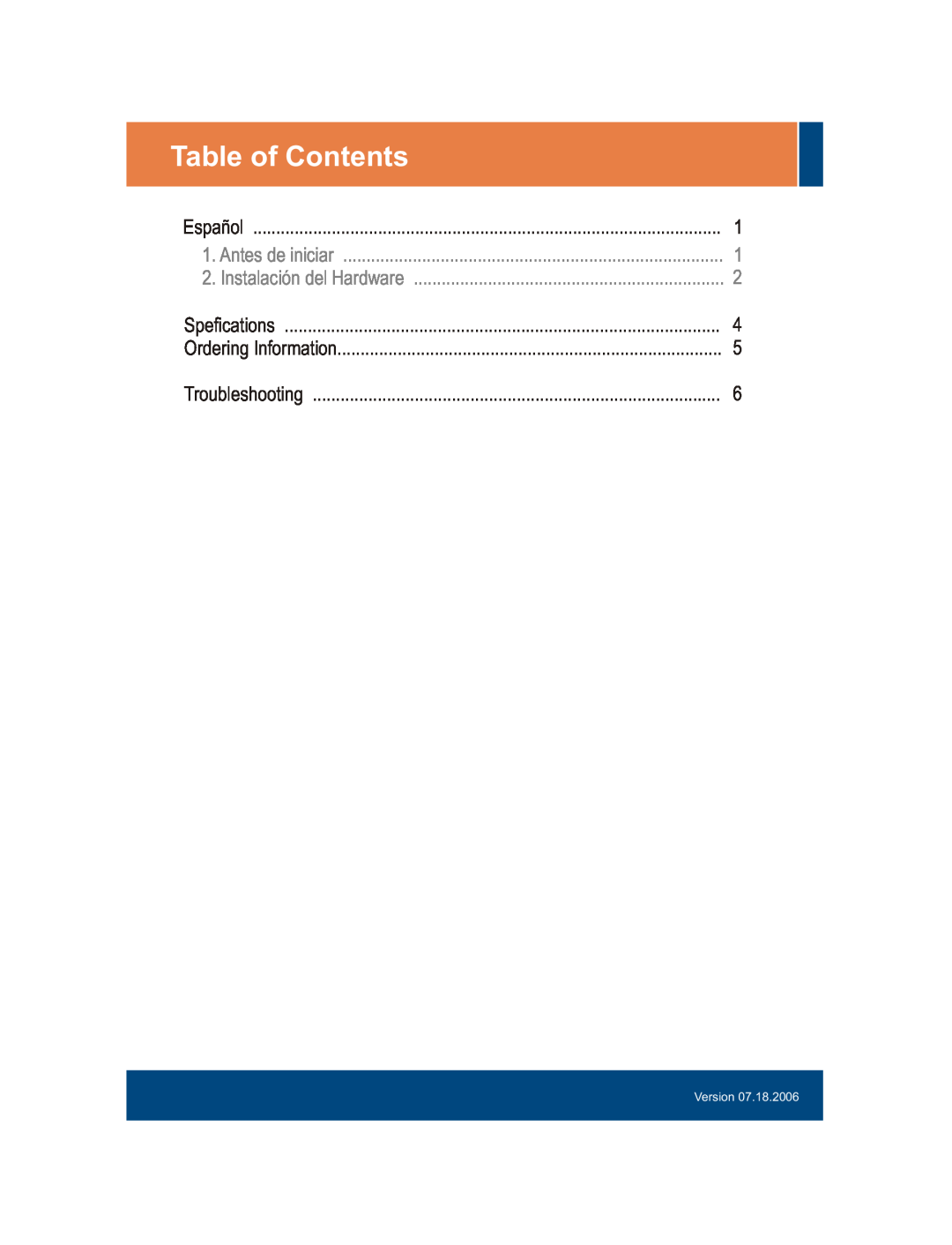 TRENDnet 100Base-FX Table of Contents, Español, Antes de iniciar, Instalación del Hardware, Spefications, Troubleshooting 