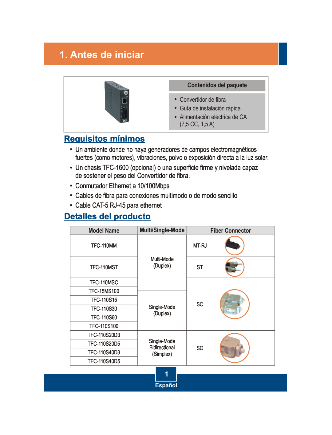 TRENDnet 100Base-FX manual Antes de iniciar, Requisitos mínimos, Detalles del producto 