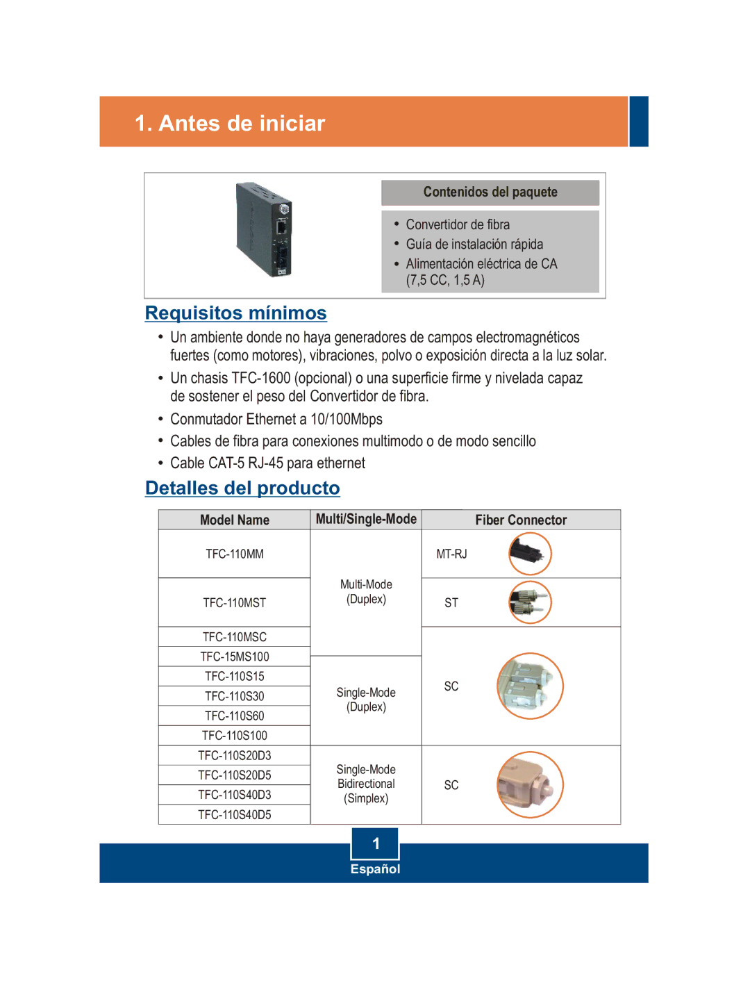 TRENDnet 100Base-FX manual Antes de iniciar, Contenidos del paquete, Model Name, Multi/Single-Mode Fiber Connector 