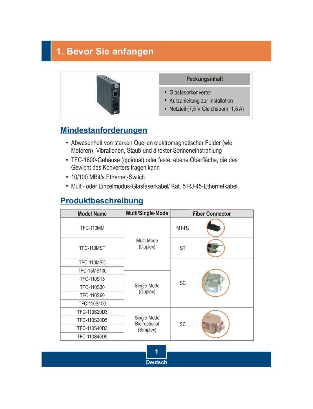 TRENDnet 100Base-FX manual Bevor Sie anfangen, Mindestanforderungen, Produktbeschreibung 