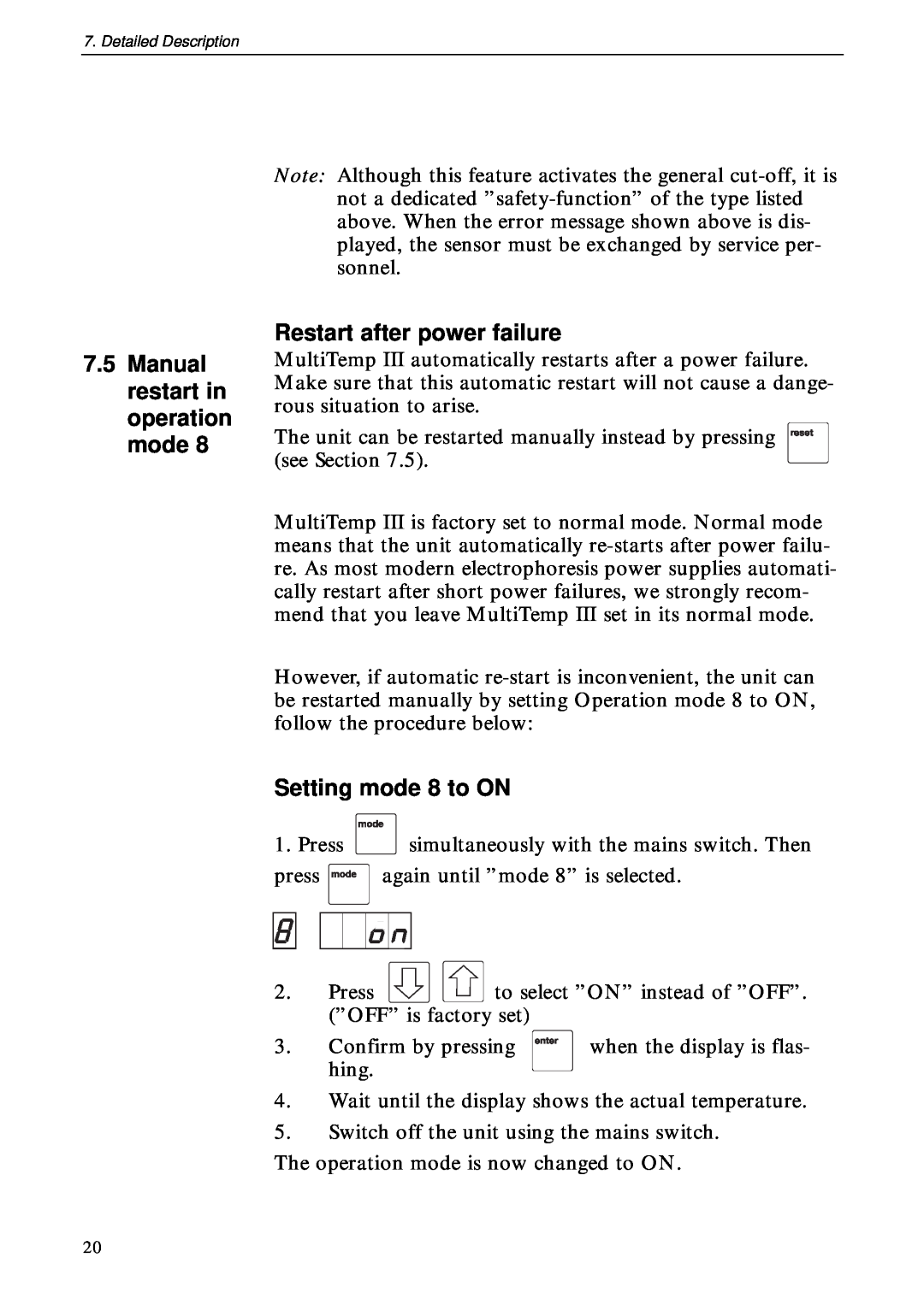 TRENDnet 18-1106-33 user manual Manual restart in operation mode, Setting mode 8 to ON, Restart after power failure 