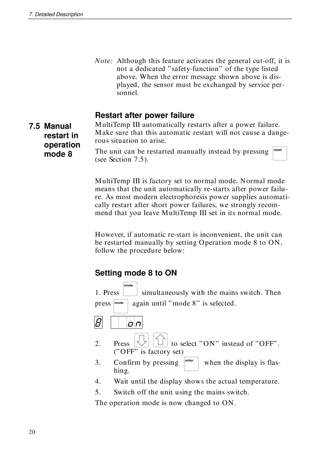 TRENDnet 18-1106-33 user manual Manual restart in operation mode Restart after power failure, Setting mode 8 to on 