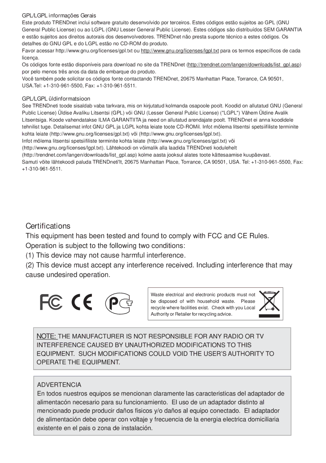 TRENDnet Trendnet TEW-647GA, 2.01 manual Certifications 