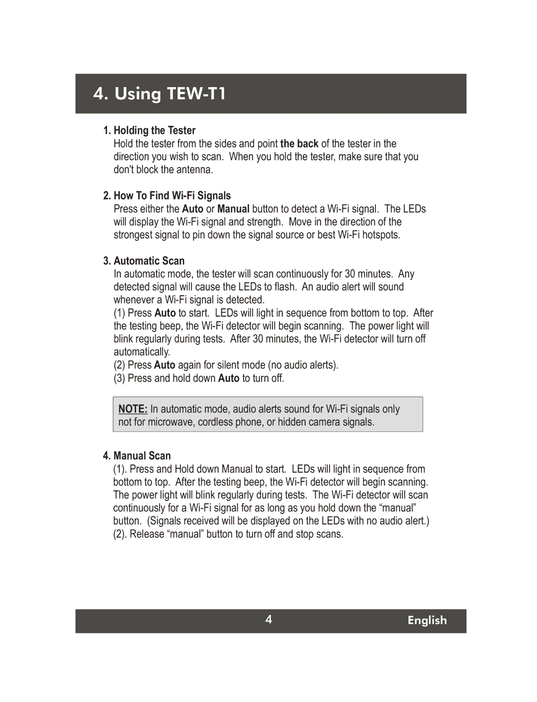 TRENDnet 2.4 GHz Wifi Detector, 11.30.04 manual Using TEW-T1, Holding the Tester 