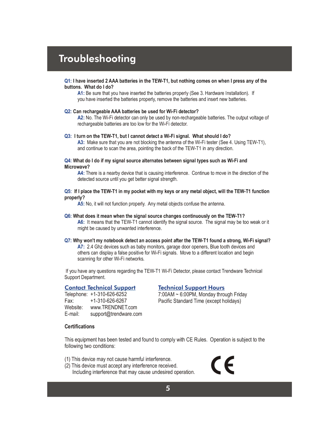 TRENDnet 11.30.04, 2.4 GHz Wifi Detector manual Troubleshooting 